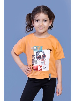 Toontoy Kız Çocuk Dijital Baskılı Tişört-Turuncu