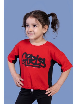 Toontoy Kız Çocuk Garni Detaylı Baskılı Tişört-Kırmızı