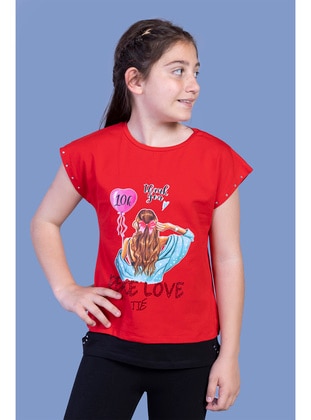 Printed - Crew neck - Unlined - Red - Girls` T-Shirt - Toontoy