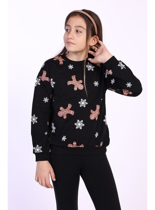Toontoy Kız Çocuk Kar Taneli Kurabiye Baskılı Sweatshirt-Siyah