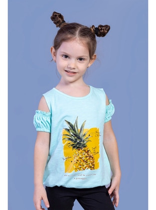 Girl's Sleeve Detailed Pineapple Printed T-Shirt Green
