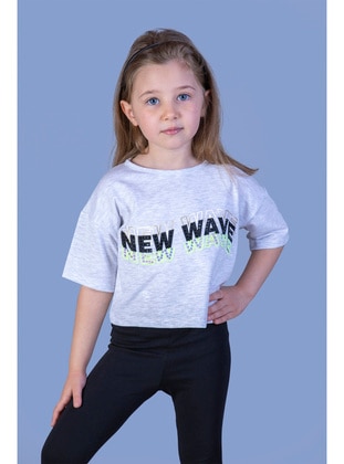 Toontoy Kız Çocuk New Wave Baskılı Taş İşlemeli Tişört-Gri Melanj