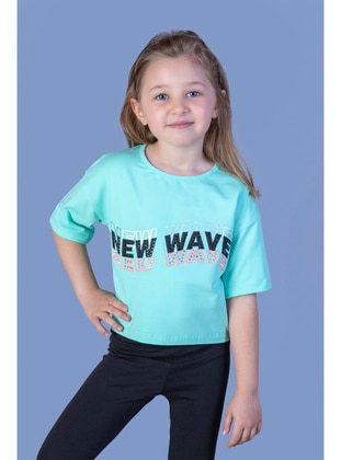 Toontoy Kız Çocuk New Wave Baskılı Taş İşlemeli Tişört-Yeşil