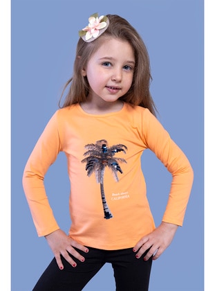 Toontoy Kız Çocuk Palmiye Baskılı Pul İşlemeli Tişört-Turuncu