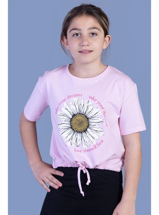 Printed - Crew neck - Unlined - Powder Pink - Girls` T-Shirt - Toontoy