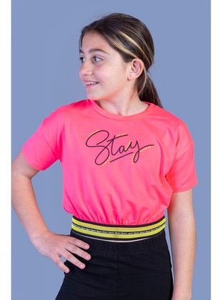 Toontoy Kız Çocuk Şerit Detaylı Baskılı Tişört-Fuşya