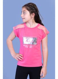 Printed - Crew neck - Unlined - Fuchsia - Girls` T-Shirt
