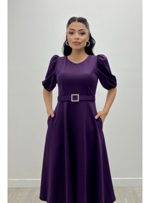 Crepe Fabric Belt Detailed Dress Patlıcan Purple