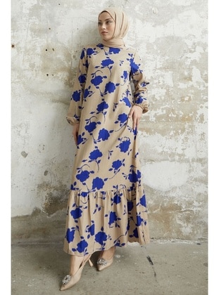 Saxe Blue - Floral - Crew neck - Unlined - Modest Dress - InStyle