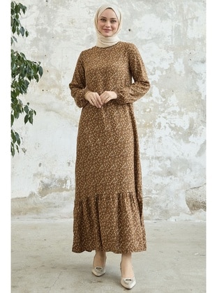 Brown - Floral - Crew neck - Modest Dress - InStyle