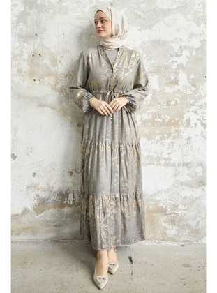 Grey - Cuban Collar - Unlined - Modest Dress - InStyle