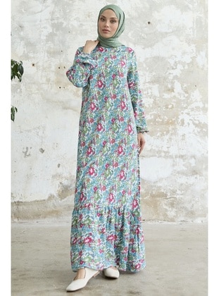 Blue - Floral - Cuban Collar - Unlined - Modest Dress - InStyle