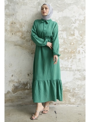 Green - Cuban Collar - Modest Dress - InStyle