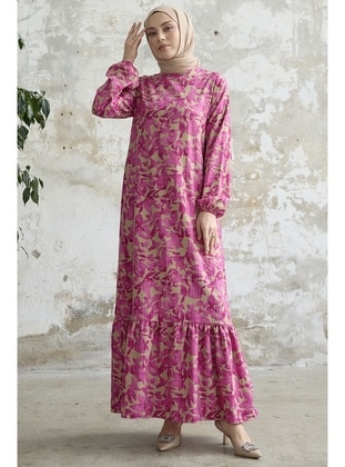 Fuchsia - Floral - Crew neck - Unlined - Modest Dress - InStyle