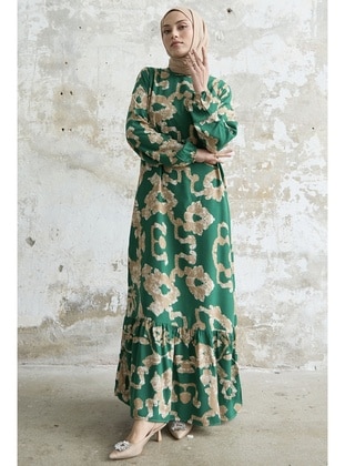 Green - Floral - Crew neck - Modest Dress - InStyle