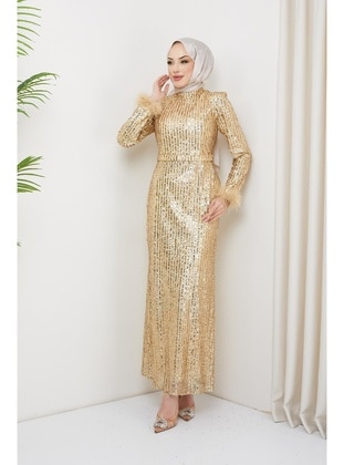 Gold color - Fully Lined - Crew neck - Evening Dresses - Olcay