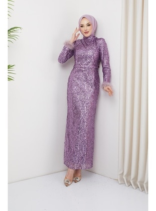Lilac - Fully Lined - Crew neck - Evening Dresses - Olcay