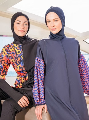 Navy Blue Patterned - Burkini - Mayo Bella