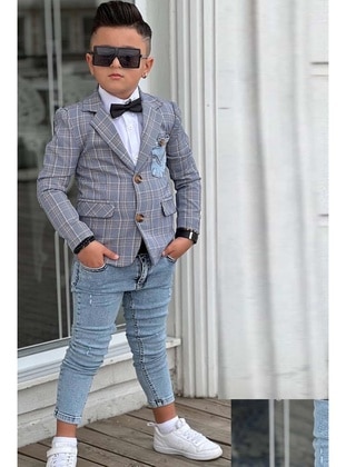 Erkek Çocuk Çizgili Blazer Ceket Kot Pantolon Füme Alt Üst Takım Füme