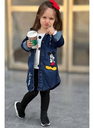 Kız Çocuk Mickey Mouse Baskılı Düğme Detaylı ve Kapüşonlu Jean Ceket Mavi