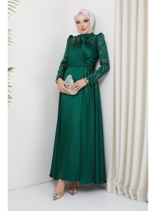 Green - Fully Lined - Crew neck - Evening Dresses - Olcay