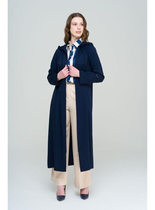 Navy Blue - Unlined - Hooded collar - Topcoat - Olcay