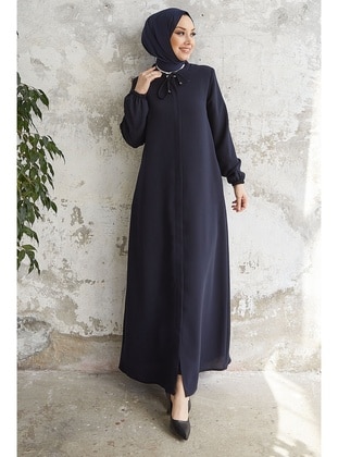 Navy Blue Abaya With Lace-Up Collar And Hidden Placket