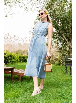 Blue - Unlined - Crew neck - Modest Dress - Olcay