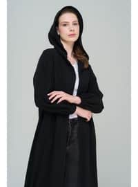 Black - Unlined - Hooded collar - Topcoat