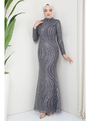 Grey - Fully Lined - Modest Evening Dress - İmaj Butik