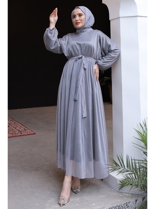 Grey - Fully Lined - Modest Dress - İmaj Butik