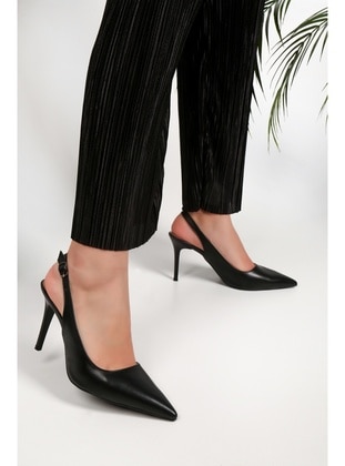 Kadın Charlotte Siyah Cilt Topuklu Ayakkabı Stiletto-Siyah