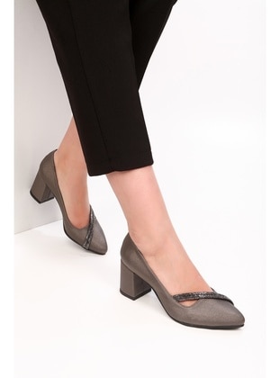 Kadın Emily Platin Saten Taşlı Topuklu Ayakkabı-Platin