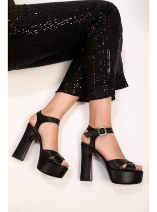 Kadın Pian Siyah Cilt Platform Topuklu Ayakkabı-Siyah