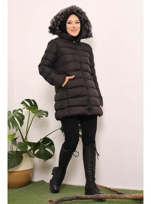 Black Hooded Zippered Lined Hijab Puffer Coat