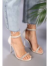 Women's White Stone Single Strap High Heel Shoes White