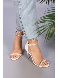 Women's White Stone Single Strap High Heel Shoes White