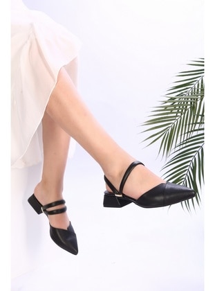 Kadın Nolec Siyah Cilt Topuklu Ayakkabı&Terlik-Siyah