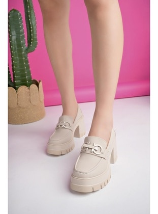 Muggo VALENCİA Garantili Kadın Kalın Topuklu Yuvarlak Burunlu Metal Tokalı Loafer Günlük Ayakkabı TEN