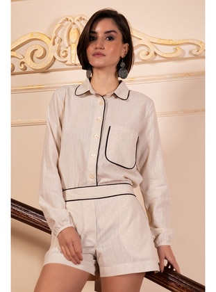 Kadın Keten Gömlek Yaka Tamamı Düğmeli Büzgülüuzun Kol Şortlu Pijama Takım , 312001