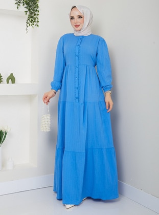 Blue - Unlined - Modest Dress - SAHRA BUTİK