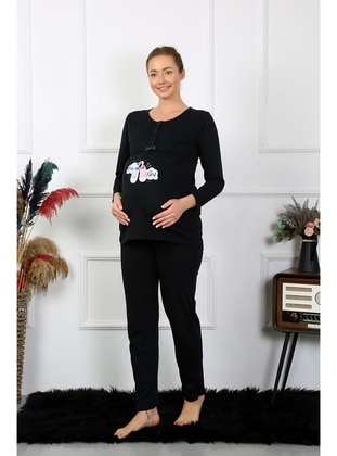 Akbeniz Kadın Uzun Kol Hamile Lohusa Pijama Takımı Siyah 45501