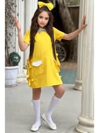 أصفر - نسيج مبطن - فستان  للبنات