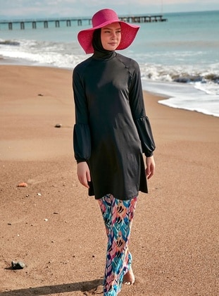 أسود - نسيج غير مبطن - تصاميم بطبعات - ملابس السباحة للمحجبات - Marina