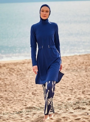 Navy Blue - Unlined - Printed - Burkini - Marina