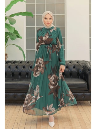 Petrol - Floral - Dog collar - Fully Lined - Modest Dress - InStyle