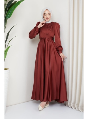 Brick Red - Unlined - Modest Evening Dress - İmaj Butik