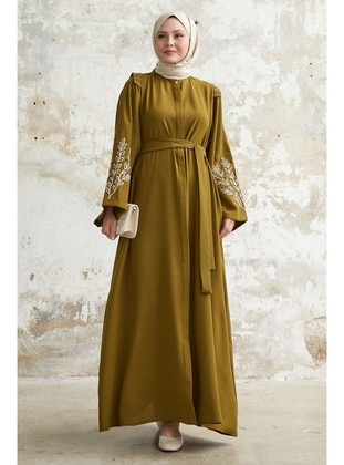 Olive Green - Floral - Unlined - Abaya - InStyle