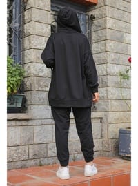 Black Women's Modest Hooded Pockets Two Yarn Hijab Tracksuit Set