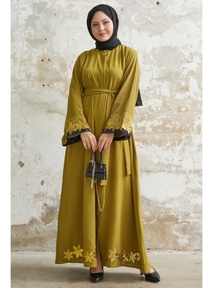 Olive Green - Floral - Cuban Collar - Modest Dress - InStyle